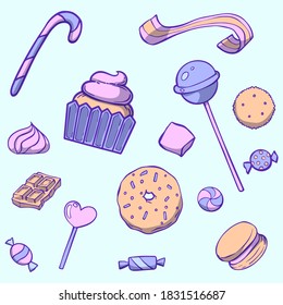 Sweets and candy on pink background