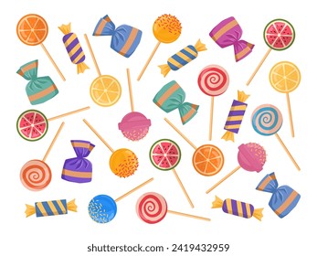 Patrón de dulces y dulces. Fondo de la fiesta de cumpleaños de dibujos animados, caramelos dulces, ilustración de fondo vectorial plana. Fondo de Lollipops