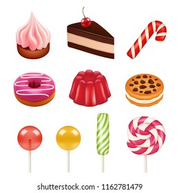 Sweets and candy pictures. Objects from sugar, dulce caramel candy and chocolate sweets vector illustrations isolate. Confectionery chocolate and candy, sugar caramel