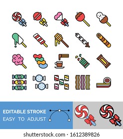 sweets and candy related heart lollipop, apple lollipop, ice cream, cotton candy, striped candy, marshmallow, and honey vector with editable stroke