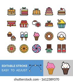 sweets and candy related wrapped chocolate, ice cream, cup ice cream, cup cake, cone ice cream, donuts, cakes, and cake slice vector with editable stroke