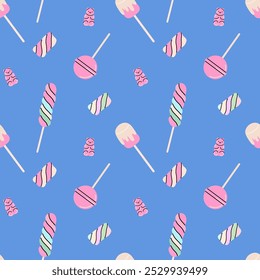 Sweets and candy seamless pattern. Chocolate, different lollipop, marmalade. Confectionery textile, wrapping paper, wallpaper design. Print christmas and birthday kids present cartoon flat background