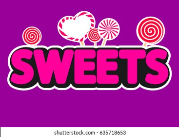 Sweets, candy sticks, banner with lollipops, poster design template, vector illustration