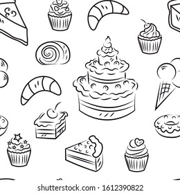 Sweets, candy, tasty, food hand drawn vector seamless pattern in white background. Concept for wrapping paper , web design ,cards  