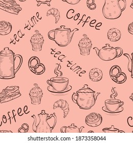 Sweets, candy, tea, coffee hand drawn vector seamless pattern on pink. Concept for wallpaper, menu, wrapping paper