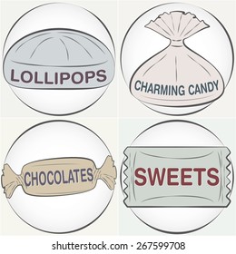 Sweets candy vintage wrappers set of vector illustrations