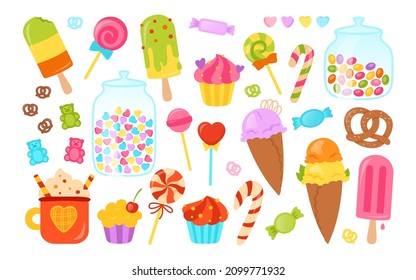 Sweets cartoon set, muffin, lollipop, ice cream, pretzel chocolate. Kawaii party colorful sweet food collection. Holiday celebrate sugar dessert. Surprise isolated vector illustration