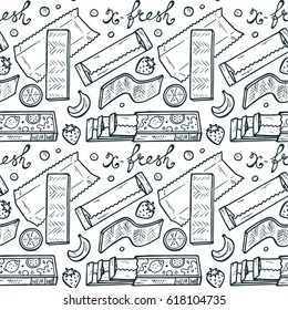 Sweets. Chewing Gum Seamless pattern. Hand Drawn Doodle Bubble Gums. Black and White Vector illustration