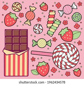 Sweets, chocolate bar and strawberries