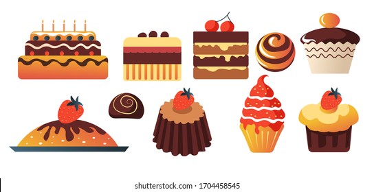 Süßigkeiten und Schokolade Geburtstagskuchen, Cupcakes oder Muffins und Bonbons, Süßwaren Vektorillustration. Speisen und Mahlzeiten, Gaumenfreuden oder Dessert, Nüsse und Beeren, Marmelade. Backwaren, Laden oder Laden, Glasur und Vereisung