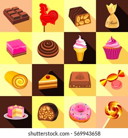 Sweets, chocolate and cakes icons set. Flat illustration of 16 sweets, chocolate and cakes vector icons for web