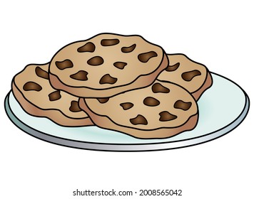 Dulces. Galletas de chips de chocolate en una placa - imagen de color lineal vectorial y completo. Galletas de chocolate en un platillo. Pasteles dulces para el postre.