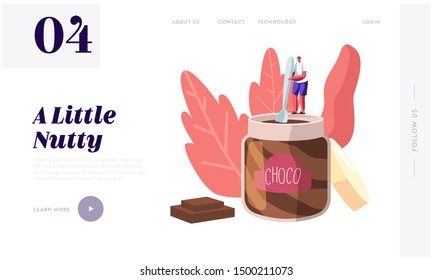 Sweets and Chocolate Dessert Lover, Sweet-Tooth Concept Website Landing Page. Tiny Male Character Holding Spoon Stand on Huge Jar Eating Choco Paste Web Page Banner. Cartoon Flat Vector Illustration
