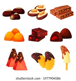 Sweets With Chocolate And Nuts. Cocoa Candies With Filling, Dried Fruits And Berries In Glaze. Watermelon, Banana, Orange Or Tangerine And Cherry In Chocolate Or Fondant. Vector Flat Icons, Confection