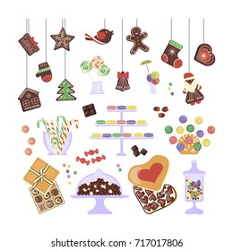 Sweets, Christmas Gingerbreads and honey-cakes set. Glass jars and vase with different candies. Vector illustration eps 10