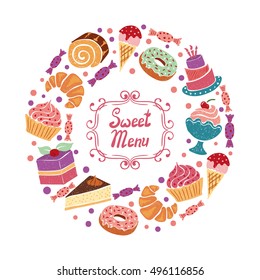Los dulces rodean el fondo colorido con la torta, el cupcake, la panadería, la rosquilla, el helado y los caramelos. Diseño de menú de postres de Vector. 