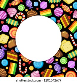 Sweets circle frame. Candies lollipop jelly and cakes in circle frame vector advertising concept with sweets cartoon food and place for your text