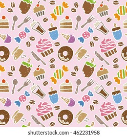 Sweets, coffee, spoon, knife and folk seamless pattern