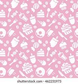 Sweets, coffee, spoon, knife and folk seamless pattern