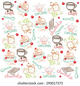 Sweets, coffee, tea and desserts. Vector background. Pattern