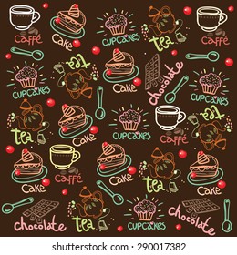 Sweets, coffee, tea and desserts. Vector background. Pattern