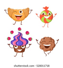 Sweets. Collection of four different confectioneries. Croissant with one open eye and raised hands. Running brown baked cracker with pieces of chocolate. Happy round candy. Fruit cupcake. Vector