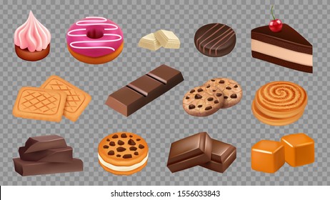 Sweets collection. Realistic cookies, chocolate, cake, soft caramel vector set