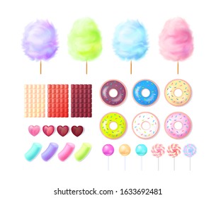 Sweets collection realistic vector illustration. Candy and cotton candy in 3D isolated on white background.