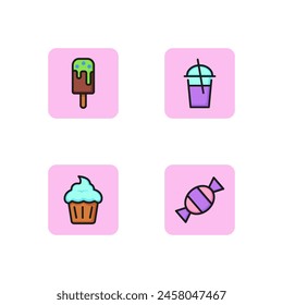 Sweets colored line icon set. Ice-cream, candy, milkshake, cupcake. Food concept. Can be used for topics like cafe, bakery, coffee shop. Vector illustration for web design and app