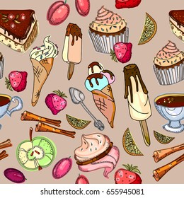 Sweets colorful  seamless pattern. Ice cream, sweets, candies, cakes, tea drinking. Sweet seamless background hand drawn vector