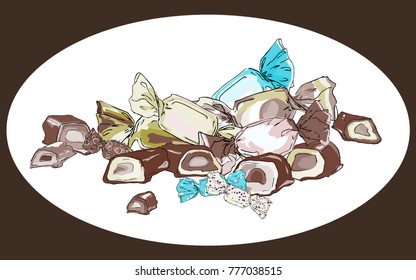 Sweets in colorful wrappers and chopped chocolate with jelly and cream filling. Vector illustration