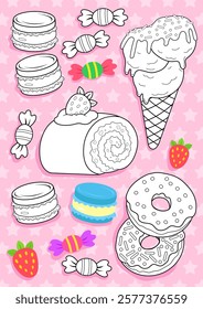 Sweets coloring page with background and colored elements. Coloring book. Coloring page. Vector illustration.
