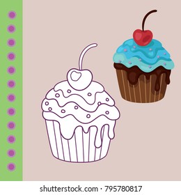 Sweets coloring page for children,Donat, cake, cupcake. Coloring and scrap book.Vector illustration