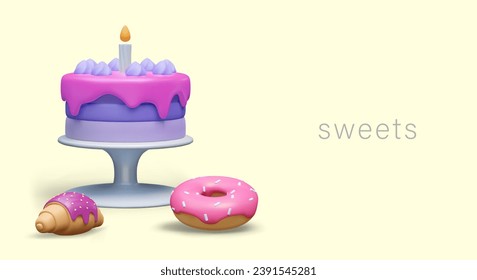 Sweets concept. Festive cake on stand, croissant with pink topping, glazed doughnut. Horizontal banner for confectionery, cafeteria. Children holiday menu, sweet dishes