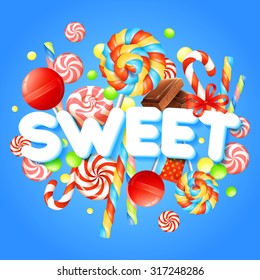 Sweets concept with multicolored candies and chocolate realistic vector illustration