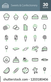 Sweets & Confectionery Line Green & Black Icons