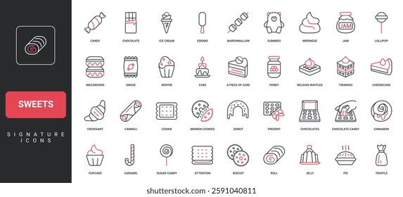 Sweets in confectionery menu, candy and cookie, jam jar and meringue line icon set. Chocolate candy box and bar, ice cream and macarons, marshmallow thin black and red symbols vector illustration