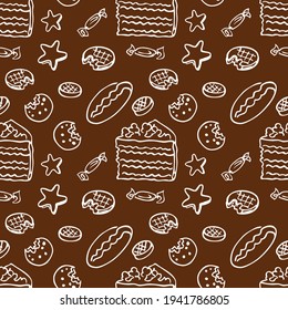 Sweets, cookies, cake, candy. Seamless pattern. Brown background.