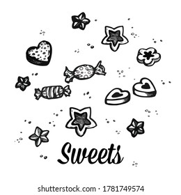 Sweets, cookies and candies sketch. Hand drawn vector illustration isolated on white background. Desserts and sweets menu design for restaurants and shop.