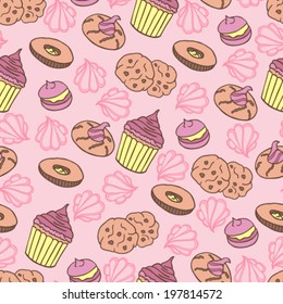 sweets cookies ice cream seamless  pattern pastel colorful background girls cute kids party texture design fabrics hand drawn illustration character creature pastry kitchen 