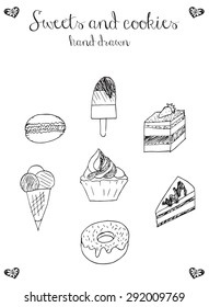 Sweets and cookies icons, cupcake, macaron, ice cream, cheesecake, cake, donut, vector, illustration, freehand pencil