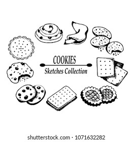 Sweets, cookies set sketches, hand drawing style, vector illustration, black contour on white