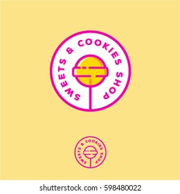 Sweets and cookies shop logo. Sweets store emblem. Lollipop candy on a stick in a circle with letters.