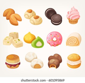 Sweets and cookies for tea from all over the world. Dessert food in vector.