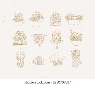 Sweets cooking appliances with flowers in hand drawing style on beige background