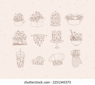 Sweets cooking appliances with flowers in hand drawing style on coffee background