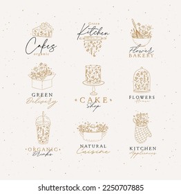 Sweets cooking appliances labels with flowers and lettering in hand drawing style on beige background