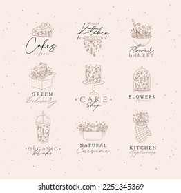 Sweets cooking appliances labels with flowers and lettering in hand drawing style on coffee background