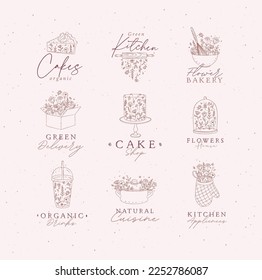 Sweets cooking appliances labels with flowers and lettering in hand drawing style on peach background