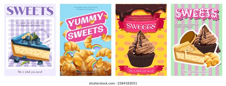 Sweets cover typography template for advertising design. Food posters and greeting cards with cakes, cheesecakes, croissants, chocolate cupcakes and other confectionery desserts. Vector illustration.